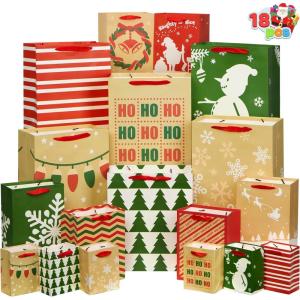 imageJOYIN 18 PCS Christmas Bags Assorted Sizes Kraft Treat Candy Bags Small 55 Medium 9 Large 13 for Xmas Party Favors Decoration Holiday Present Wrapping Thanksgiving Gift DecorBrown Green Red White