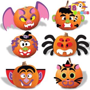 imageJOYIN 18 Packs Halloween Craft Foam Stickers Arts Activities Party Supplies Kids Party Favors Pumpkin Decorating Kit Jack O Lantern Face Stickers in 6 Designs Pumpkin Decor School GamesFunny
