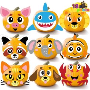 imageJOYIN 18 Packs Halloween Pumpkin Decorating Stickers Craft Kit Halloween Party Supplies Arts Activities Kids Party Favors Jack O Lantern Foam Face Sticker in 9 Animal Designs Classroom Games