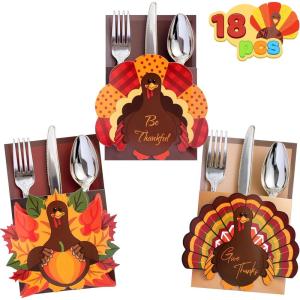 imageJOYIN 18PCS Thanksgiving Cutlery Holders Set Thanksgiving Turkey Utensil Dcor Autumn Fall Harvest Party Supplies Thankyou Cards Table Decoration Party Favors