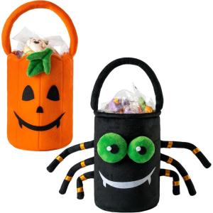 imageJOYIN 2 PCS Halloween Plush Candy Bucket 59quot X 87quot Tote Bucket Spider and Pumpkin Halloween Basket with Handle Trick or Treating Gift for Kid Party Favor Supplies Decor