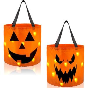 imageJOYIN 2 PCS Halloween Trick or Treat Bags 10 x 118 inches LED Light Orange Pumpkin Buckets Reusable Goody Candy Bucket for Kids Trick or Treating Halloween Birthday Party Favor Supplies