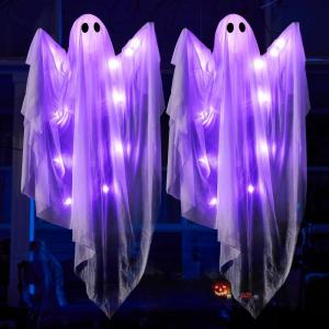 imageJOYIN 2 Pcs 47 Halloween Light up Hanging Ghost Decoration Outdoor with Warm LED Light Halloween Flying Hanging Ghosts for Haunted House Prop Front Yard Patio Party Decor Indoor OutdoorPurple Ghosts