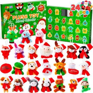 imageJOYIN 2025 Christmas Advent Calendar with Plush 24 Days Countdown Calendar Stuffed Animals Plush with Santa Hats Christmas Party Favor Gifts Xmas Classroom Prizes Toys for Kids Boys Girls