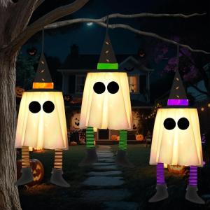 imageJOYIN 236 3PCS Halloween Hanging Ghosts Decorations Outdoor Blue Hanging Light Up Ghost Decor with Witch Hat ampamp Timer Halloween Decorations for Yard Patio Tree Garden Outside Haunted House PartyWarm White Ghosts