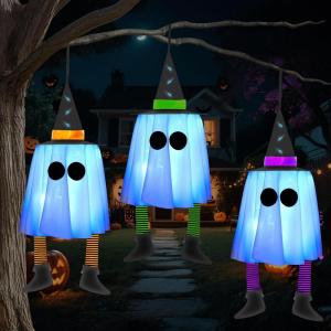 imageJOYIN 236 3PCS Halloween Hanging Ghosts Decorations Outdoor Blue Hanging Light Up Ghost Decor with Witch Hat ampamp Timer Halloween Decorations for Yard Patio Tree Garden Outside Haunted House PartyBlue Ghosts
