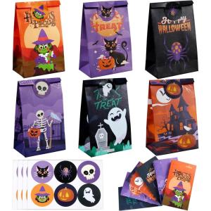 imageJOYIN 24 PCS Halloween Treat Bags with Stickers Candy and Goodie Bags for Halloween Party Favors Supplies Trick or Treat Bag for Kids Students Classroom Exchange Game Prize