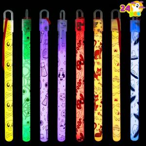 imageJOYIN 24 Pcs Halloween Glow Stick Hanging Wands in 8 Different Pattern Designs and 6 Colors for Kids Party Favors Halloween Party Supplies Glow in the Dark Goodies Bags Fillers Non Candy Treats