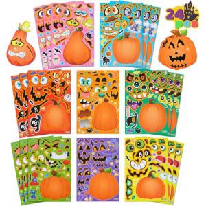 imageJOYIN 24 Pcs Halloween Pumpkin Decorating Stickers Party Favor for Kids Art Crafts Party Supplies Pumpkin Face Sticker with 8 Designs Halloween Treats Classroom Activities Games