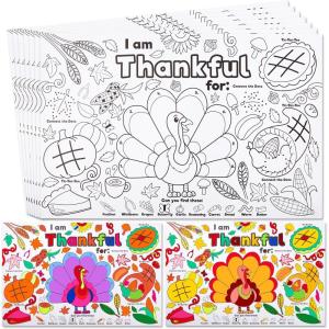imageJOYIN 24 Pcs Thanksgiving Coloring Placemats Thanksgiving Turkey Coloring Paper Table Mats Make Your Own Art ampamp Craft Kit for Kids School Activities Party Decoration SuppliesNo pigmentLarge