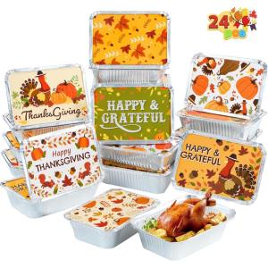 imageJOYIN 24Pcs Thanksgiving Leftover Containers with Lids Fall Festive To Go Food Containers Thanksgiving Tin Foil Containers for Party Leftovers ampamp ToGo Meals Thanksgiving Party Disposable Containers