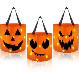 imageJOYIN 3 PCS Halloween Candy Pumpkin Buckets 102 x 118 LED Light Trick or Treat Buckets Orange Reusable Goody Treat Baskets for Kids Polyester Bags Halloween Birthday Party Favor Supplies