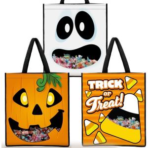 imageJOYIN 3 PCS Halloween Large Tote Seethrough Bags 225 x 134 Halloween Goodie Candy Bags for Kids Trick or Treating Grocery Shopping Gifts Tote with Handles Classroom Party Favor Supplies