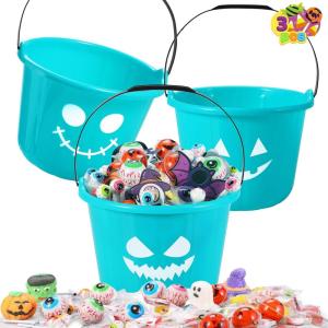 imageJOYIN 3 PCS Halloween Trick or Treat Pumpkin Buckets Allergy Friendly Jack O Lantern Teal Bucket Baskets Plastic Pails with Handle for Kids Party Favors Supplies Props7quot x 7quot x 5quot