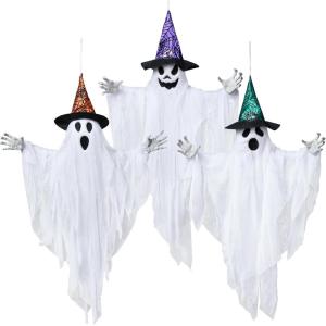 imageJOYIN 3 Pack 248quot Halloween Hanging Ghost Decorations Halloween White Flying Ghost with Hats for Haunted House Graveyard Scene Spooky Indoor and Outdoor Decor