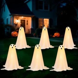 imageJOYIN 3 Pcs Halloween Decorations Outdoor Ghosts Pathway Lights 18 White Cloth Ghost with White Light Up Yard Stakes for Graveyard Yard Lawn Garden Prop Party Decor Supplies