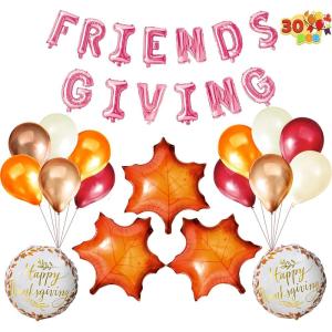 imageJOYIN 30 Pcs Thanksgiving Party Decoration Set Includes Pink FRIENDGIVING Foil Banner 3 Large Maple Leaf Balloons 2 Combo and 12 Latex Balloons Hanging Decoration Fall Holiday Decor Party Supplies