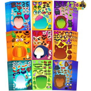 imageJOYIN 36 PCS Halloween Craft Stickers for Kids Party Favor Make a Face Stickers with Designs Witch Vampire DIY Craft Supplies for Halloween Party Game Classroom Activities Gift GoodiesFace Stickers