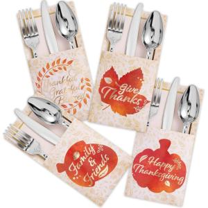 imageJOYIN 36PCS Thanksgiving Turkey Cutlery Holders Gold Foil Utensil Holders for Autumn Fall Party Dinner Table DecorPumpkin and Leaves Cutlery Holder
