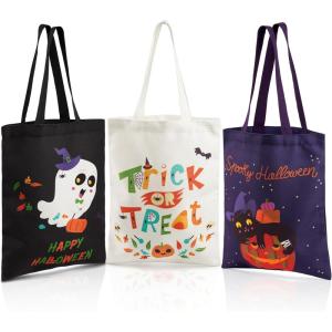 imageJOYIN 3PCS 1375 Large Halloween Tote Treat Bags for Trick or Treating Halloween Goodie Candy Bags Reusable White Canvas Gift Bag for Kids Party Favor Supplies Snack Grocery Tote with HandlesBlack