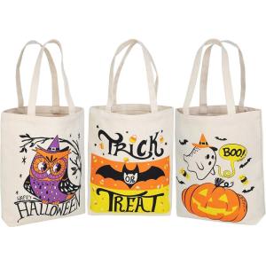 imageJOYIN 3PCS 1375 Large Halloween Tote Treat Bags for Trick or Treating Halloween Goodie Candy Bags Reusable White Canvas Gift Bag for Kids Party Favor Supplies Snack Grocery Tote with HandlesWhite