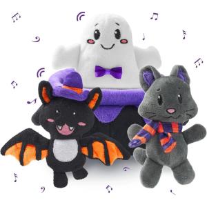 imageJOYIN 4PCS Baby Halloween Plush Toy Plushie Cauldron with Ghost Bat Cat Halloween Playset for Kid Trick or Treat School Classroom Party Favor Supply Gift Goodie Bag Stuffer Filler Prize and Treat