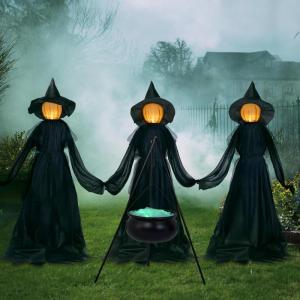 imageJOYIN 5 FT Halloween Witch Decorations Outdoor Set of 3 Light Up Holding Hands Witches with Cauldron Yard Stakes LED Witch Cauldron on Tripod for Graveyard Yard Lawn Party Haunted House Decor