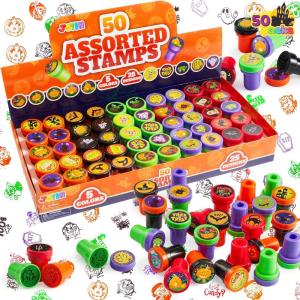 imageJOYIN 50 Pcs Halloween Stamps for Kids 25 Designs Assorted Plastic Stamps Bulk Trick Or Treat Stampers for Halloween Party Favor Gifts Halloween Goodie Bag Fillers Classroom Game Prizes