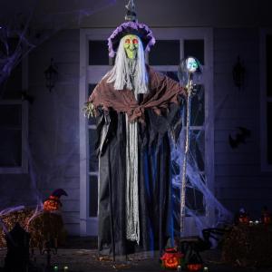imageJOYIN 59 Halloween Decorations Outdoor Hanging Witch Talking Decor with Light Up Skull Skeleton Wand for Front Porch Door Haunted House Party Supplies Sound Activated