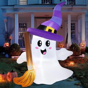 imageJOYIN 6 FT Tall Halloween Inflatables Ghost Outdoor Decorations Cute Blow Up Ghost Holding Broom with LED Blow Up Yard Decorations for Halloween Outdoor Yard Garden Lawn Party Decor