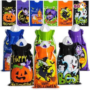 imageJOYIN 60 PCS Halloween Drawstring Treat Bags Goodie Candy Trick or Treat Bags Bulk 6 Design Goody Bag for Trick or Treating Small Plastic Snack Gifts Bag for Kids Halloween Party Favors Supplies