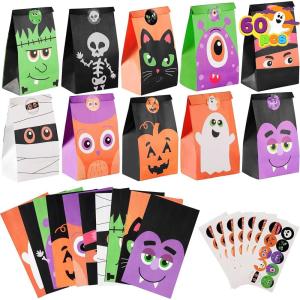 imageJOYIN 60 PCS Halloween Treat Bags Goodie and Candy Bags with Stickers Party Supplies Trick or Treat for Kids Halloween Party Favors Exchange Holiday Pastries Supplies