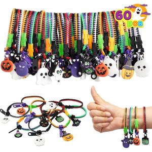 imageJOYIN 60 PCS Halloween Zipper Bracelets Bulk Set Friendship Zipper Wristbands for Kids Gift Halloween Trinkets Goodie Bag Fillers Classroom Prizes