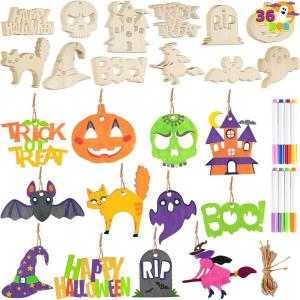 imageJOYIN 60 Pcs Halloween Craft Wooden Painting Kit Halloween Party Supplies Party Favors for Kids Wood Blank Cutouts Ornaments Gift Tags Decor for School Art DIY Activities Goodies Games