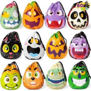 imageJOYIN 60PCS Halloween Drawstring Treat Bags Trick or Treating Goodie Candy Small Plastic Gifts Bags Bulk in 12 Cute Monster Designs Kids Halloween Party Favors Supplies