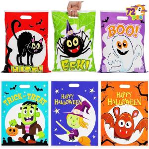 imageJOYIN 72 PCS Halloween Candy Bags for Trick or Treat Plastic Goodie Gift Bag with 6 Designed Characters for Kids Party Favors Treat Party Supplies