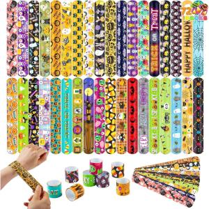 imageJOYIN 72 PCS Halloween Slap Bracelets for Kids Halloween Bracelets Bulk for Girls Boys Gifts Friendship Snap Bracelet for Halloween Party Favors Goodie Bag Fillers Classroom FavorsSpooky Night Mix