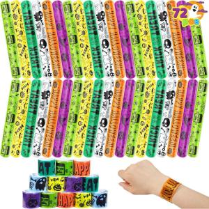 imageJOYIN 72 PCS Halloween Slap Bracelets for Kids Halloween Bracelets Bulk for Girls Boys Gifts Friendship Snap Bracelet for Halloween Party Favors Goodie Bag Fillers Classroom FavorsHaunted Party Mix