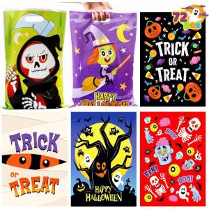imageJOYIN 72 Pcs Halloween Candy Bags Trick or Treating Goodie Bags in 6 Character Themed Designs for Kids Halloween Party Favor Plastic Snacks Stuffers Bag for Party Supplies