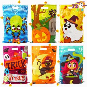 imageJOYIN 72 Pcs Halloween Goodie Bags Plastic Candy Bags in 6 Designs for Kids Snacks Party Favors Trick or Treating Bag for Halloween Party Supplies Snacks Stuffers Prizes