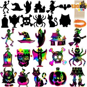 imageJOYIN 72 Pcs Halloween Rainbow Scratch Art Crafts for Kid Halloween Party Favors Scratch Off Paper with 18 Designs for Party Supplies Classroom Activities Game Goodies Gifts