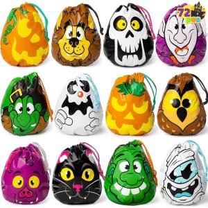 imageJOYIN 72PCS Halloween Drawstring Goody Bags Halloween Treats Bags Trick or Treat Bag Goodie Candy Gift Bag Bulk for Kids Trick or Treating Party Favors Supplies 12 Designs Classroom Gifts Prizes