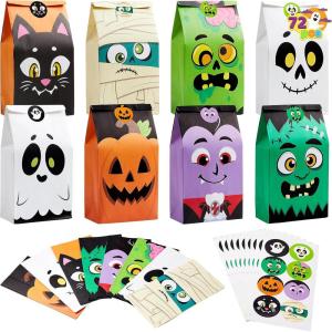 imageJOYIN 72PCS Halloween Treat Bags Candy and Goodie Bags 6 Styles with Stickers Party Supplies for Kids Halloween Party Favors Exchange Holiday Pastries Supplies