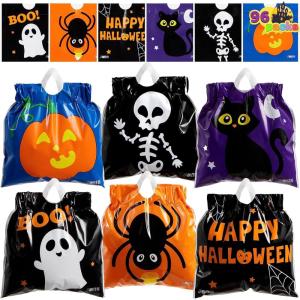imageJOYIN 96 Pcs Halloween Drawstring Candy Bags Small Trick or Treat Goodie Bags Bulk 6 Designs Halloween Plastic Gift Bag for Kids Trick or Treating Boys Girls Party Favors Supplies Classroom Gifts