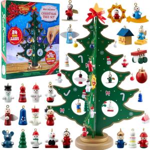imageJOYIN Christmas 24 Days Countdown Advent Calendar with a Tabletop Wooden Christmas Tree and 28 Ornaments Snowman Santa Decorations for Boys Girls and Kids Party Favors Classroom Prizes Xmas Gift