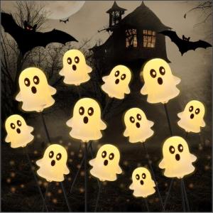 imageJOYIN Halloween Decorations Outdoor Solar Cute Ghost Lights 2 Pcs 12LEDs Solar Powered Hovering Ghost Yard Stakes Cute LED Pathway Lights Decor for Halloween Graveyard Garden Yard Patio Lawn