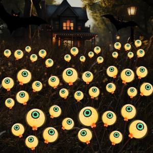 imageJOYIN Halloween Decorations Outdoor Solar Scary Eyeball Lights 4 Pcs 24LEDs Green Pathway Yard Stakes Waterproof Firefly Lights for Halloween Graveyard Yard Garden Patio Walkway PartyWarm White