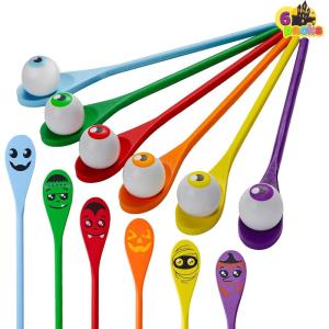 imageJOYIN Halloween Egg and Spoon Race Game Set 6 Eyeballs and Spoons with Assorted Colors for Kids Adults Halloween Outdoor Fun Games Party Favor Supplies Classroom Activities