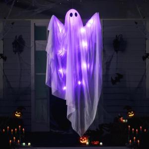imageJOYIN Halloween Hanging Light up Ghost with Spooky Blue LED Light 47 White Ghosts Halloween Hanging Decoration for Front Yard Patio Lawn Garden Party Decor Indoor OutdoorPurple Ghost