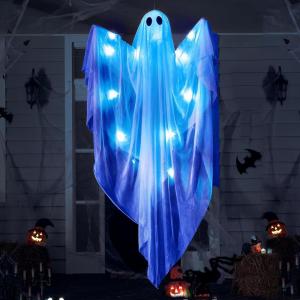 imageJOYIN Halloween Hanging Light up Ghost with Spooky Blue LED Light 47 White Ghosts Halloween Hanging Decoration for Front Yard Patio Lawn Garden Party Decor Indoor OutdoorBlue Ghost